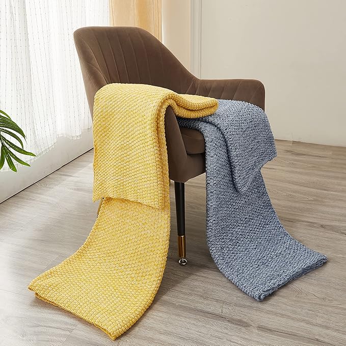 Longhui bedding Bright Yellow Knitted Throw Blanket for Couch, Soft, Cozy Machine Washable 100% Cotton Sofa Knit Blankets, Heavy 3.0lb Weight, 51 x 63 Inches, Yellow and White Color