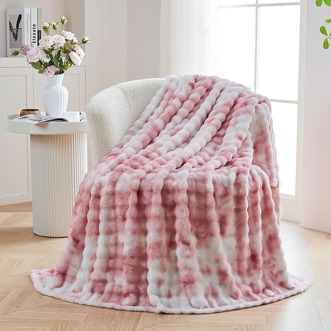3D Bubble Plush Blanket Textured Fleece Throw Soft Warm Cozy Blanket Couch Bed Tie Dye Pink 50x60 Inches