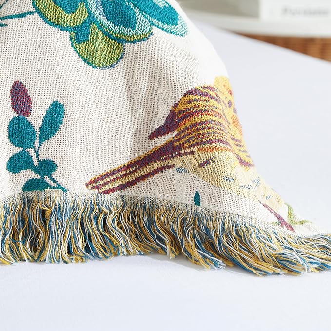 Boho Throw Blanket for Bed 60”x80”, 100% Cotton Woven Blanket for Couch Sofa, Ultra Soft 4-Layer Muslin Quilt with Floral Printed, Farmhouse Bed Blanket/Cover for Living Room Decor