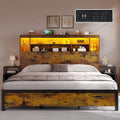 DWVO Queen Size Bed Frame with Storage Bookcase Headboard & RGB LED Lights, Slide Out Bedside Storage, Charging Station, Heavy Duty Metal Slats, No Box Spring Needed, Noise-Free, Rustic Brown