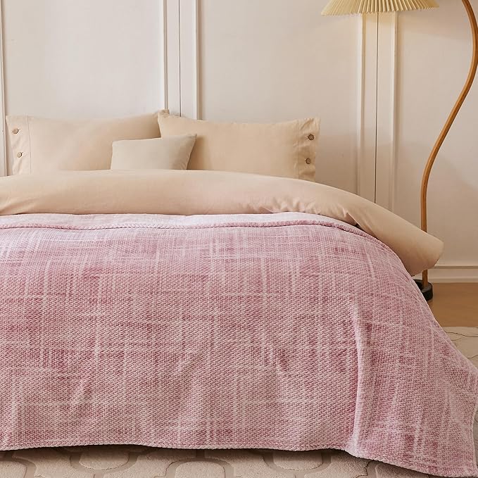 COOVA Fleece Bed Blanket Twin Size, Super Soft and Cozy 3D Jacquard Warm Blankets, Lightweight and Fuzzy Throw for Couch, Sofa, Chair, Giftable (Light Pink, 60"x80")