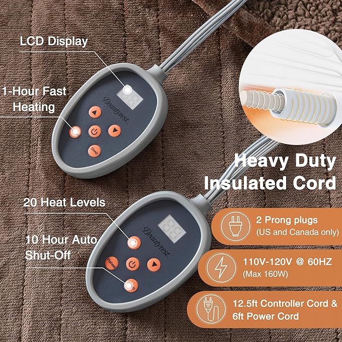 Beautyrest Heated Blanket, Electric Blanket, Soft, Warm, Reversible Plush - Sherpa Heating Blanket with 20 Heat Settings, 1-10 hrs Timer Auto Shut Off, Machine Washable, King (90 inx100 in), Chocolate