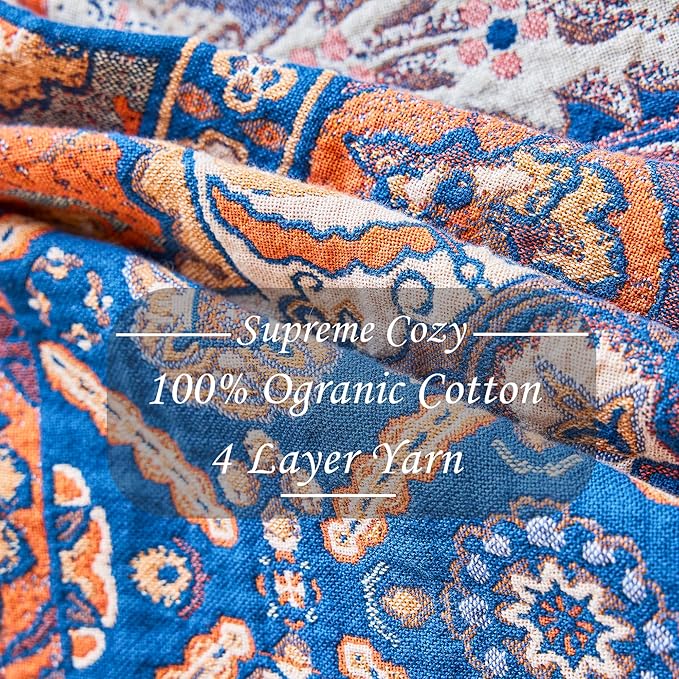 Boho Throw Blanket for Bed Couch 50" x 60", 100% Organic Cotton Skin-Friendly Ultra Soft Quilt Orange Throw - Floral Rustic Room Decor Luxury Reversible Blanket for Sofa Chair and Gift