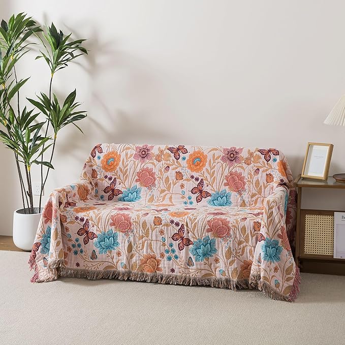 Boho Throw Blanket Queen Size, Soft Cozy Cotton Muslin Quilt Blanket for Bed Decor, Floral Patterned Couch Sofa Chair Cover, Vintage Farmhouse Cottage Tapestry Woven Blanket, Coral&Green