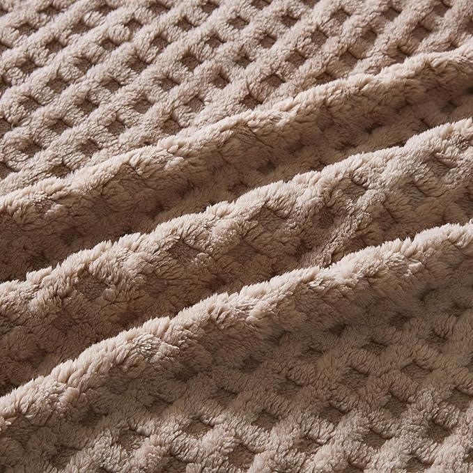 Soft Cozy Fuzzy Fleece Throw Blanket, Waffle Light Taupe, 50x60 Inches – Lightweight, Fluffy, and Warm 3D Jacquard All-Season Blanket for Couch, Bed, Sofa, Home Decor, Camping, and Travel