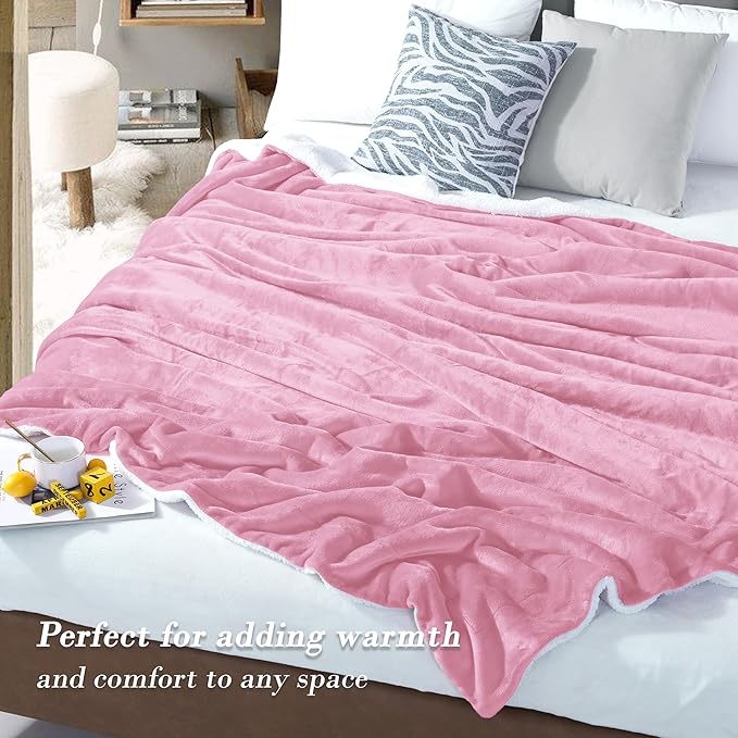 Mocassi Premium Ultra-Soft Flannel Fleece Sherpa Throw Blanket - Warm Cozy Reversible Plush Micromink Blanket for Couch, Bed and Sofa - Fluffy, Christmas Winter Bedding Gift, King, Light Pink