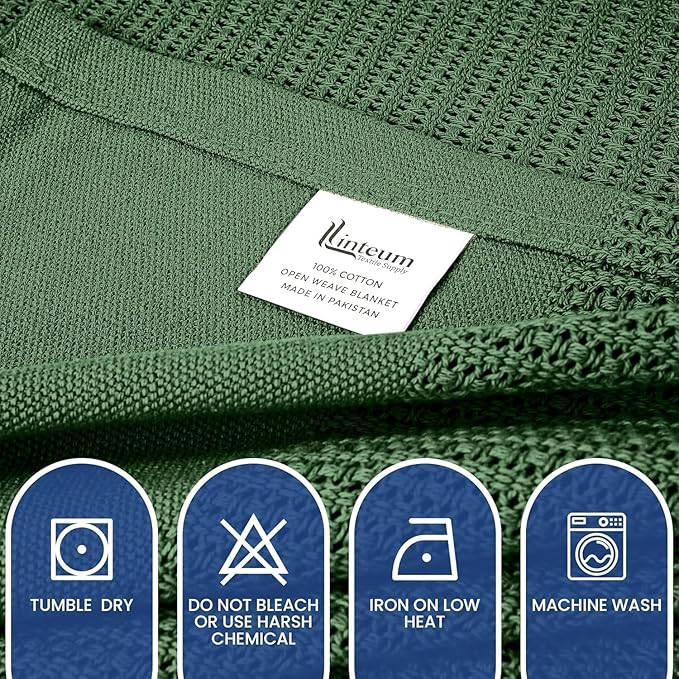 Linteum Textile Supply Leno Weave Hunter Green Blanket, Queen 100% Cotton, Lightweight, Warm, Extra-Fluffy, Premium and Durable Soft & Cozy Bed Blanket for Bed, Couch, Sofa Throw for All Season