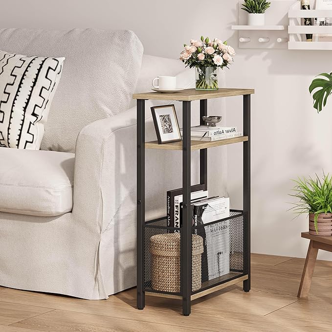 Narrow Side Table with Storage Basket Skinny End Tables for Smalls Spaces 3 Tier Sofa Table Small Nightstand Slim Bedside Table for Living Room Bedroom Greige MLBZ22GR