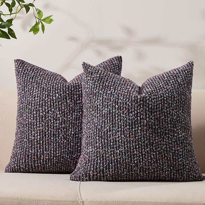 Allorry Decorative Couch Throw Pillow Covers 20x20 Set of 2 Purple Striped Soft Wool Pillow Covers Neutral Textured Boho Cushion Covers for Modern Farmhouse Sofa Bedroom Living Room Decor SY012-E20