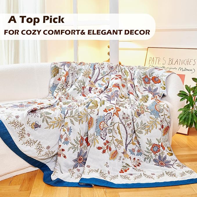 Boho Throw Blanket, 100% Organic Cotton Breathable Skin-Friendly Ultra Soft Bed Quilt Throw - All Season Floral Farmhouse Décor Luxury Blanket for Sofa Couch Chair and Gift. 50" x 60"