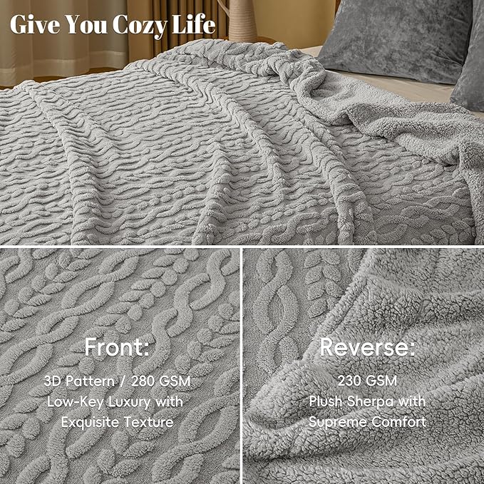 PHF Ultra Soft Sherpa Fleece Blanket Queen Size 90" x 90", 510GSM Fleece Lightweight Yet Warm Blanket for Winter Bed, No Shedding, No Pilling, Tufted Jacquard for Luxury Home Decor, Grey