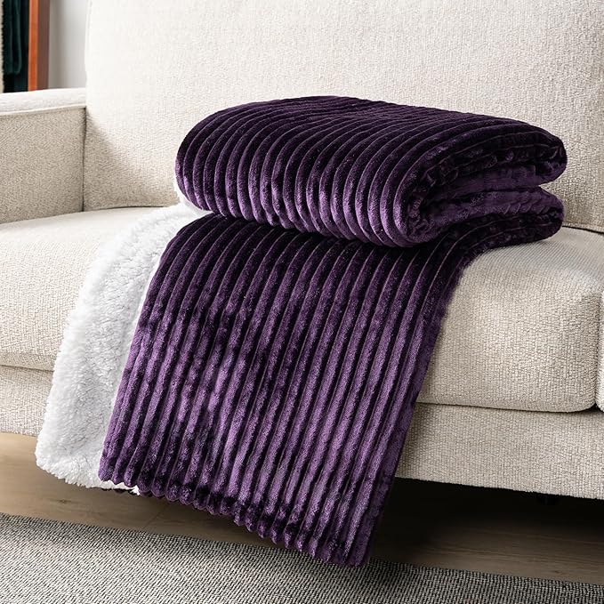PAVILIA Dark Purple Sherpa Fleece Throw Blanket for Couch, Soft Plush Fuzzy Blankets, Fluffy Flannel Sherpa Blanket for Sofa, Warm 3D Ribbed Winter Blanket Gift, 50x60 inches