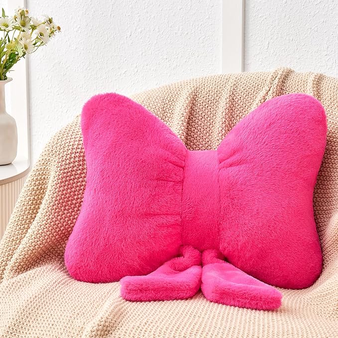 Hot Pink Bow Pillow,12'' Bow Decorative Pillows with Faux Rabbit Fur,Soft Bow Throw Pillows Aesthetic Bow Shaped Pillow for Bed Sofa Couch Home Decor