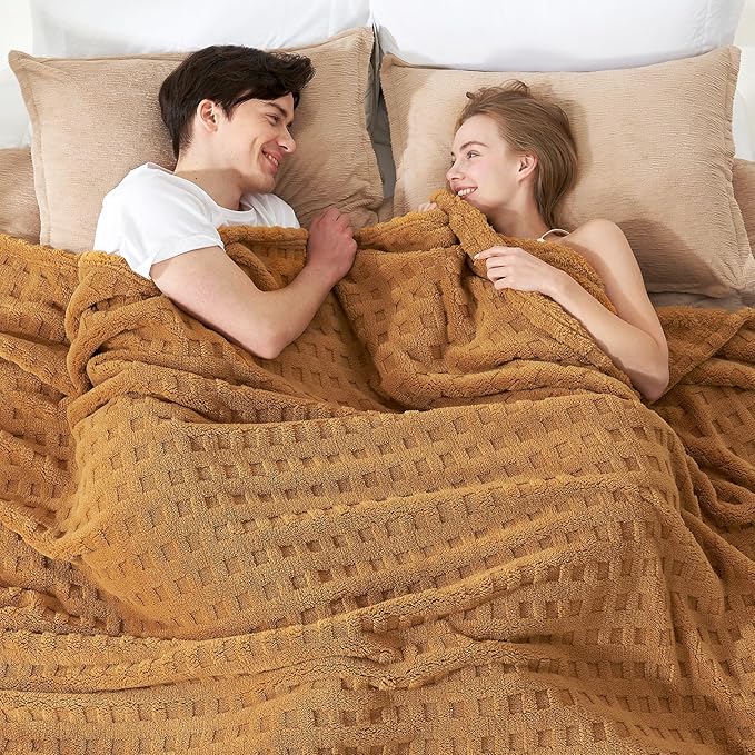 Cozy Bliss Ultrasoft Waffle Throw Blanket, Fluffy Cute Plush Blanket for Couch, Bed, Modern Home Accent, Portable for Picnic or Outdoor, Brown, 90"x90"