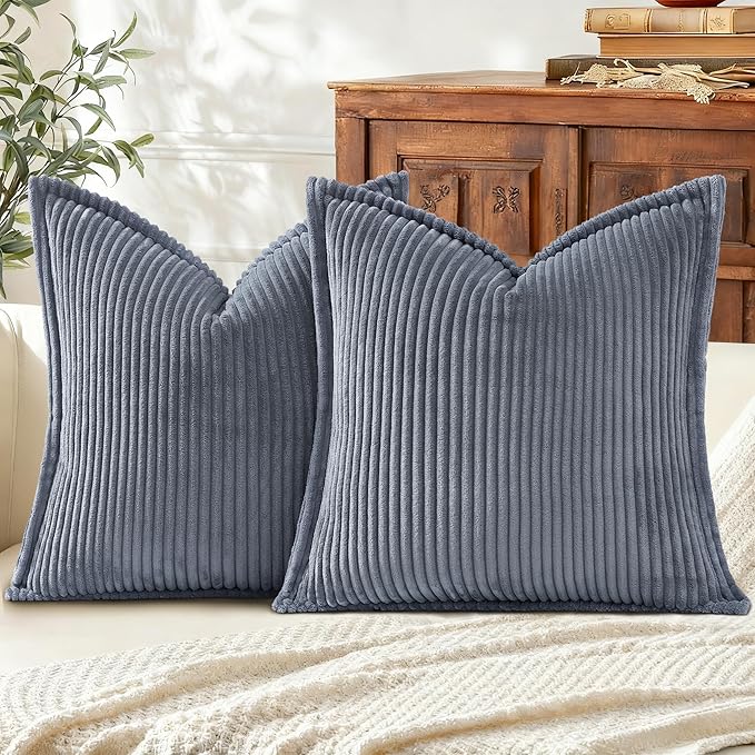 Mecatny Corduroy Throw Pillow Covers 24x24 Set of 2, Neutral Decorative Soft Boho Couch Pillow Covers with Broadside for Sofa Living Room, Blue Grey