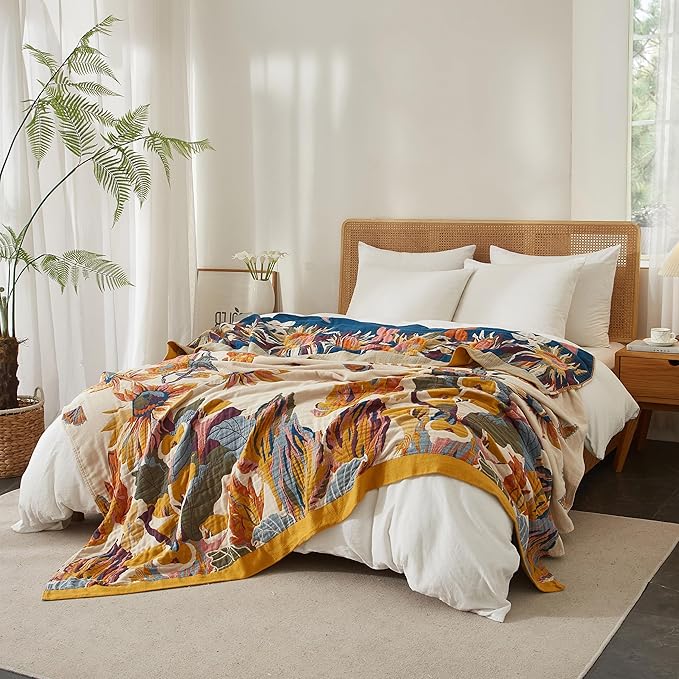 Boho Throw Blanket for Bed 50”x60”, 100% Cotton Woven Blanket for Couch Sofa, Ultra Soft 4-Layer Muslin Quilt with Floral Printed, Farmhouse Bed Blanket/Cover for Living Room Decor