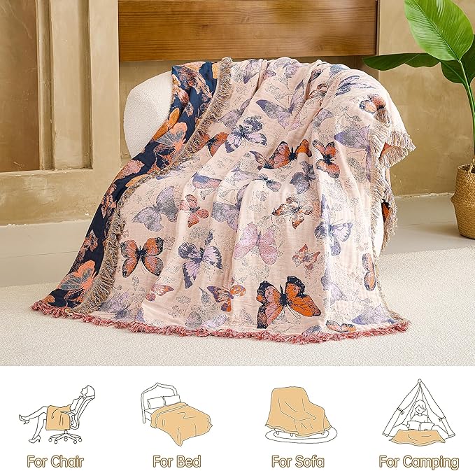 Boho Throw Blanket King, 100% Organic Cotton Breathable Ultra Soft 91" x 98" Bed Quilt Throw - All Season Floral Rustic Farmhouse Decor Luxury Reversible Blanket for Sofa Couch Chair and Gift