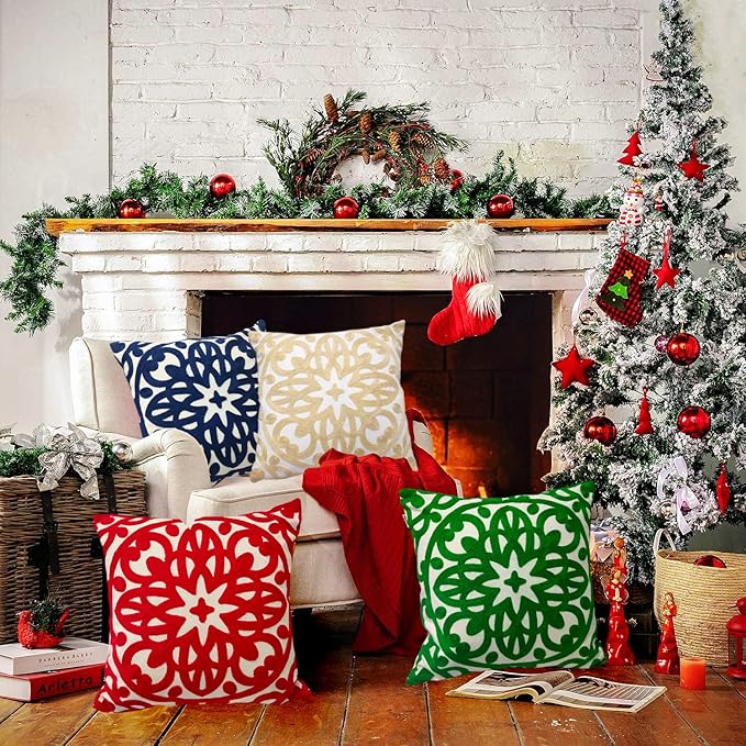 Alysheer Christmas Red Embroidered Decorative Throw Pillow Covers 18"x18" Set of 2, Cozy Warm Boho Mandala Knit Patterned Durable Cotton Canvas Cushion Cases for Sofa Couch Living Room Xmas Decor