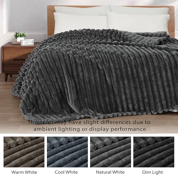 Exclusivo Mezcla Fleece Throw Blanket for Couch, Super Soft Striped Jacquard Bed Blanket, Lightweight Fuzzy Cozy for All Seasons, 50x60 Inches, Dark Grey