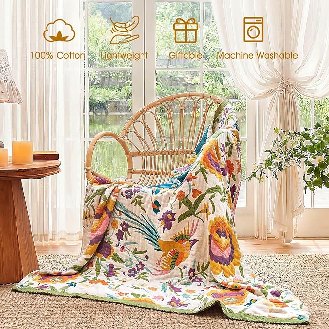 Boho Throw Blanket - 50"x60" 100% Cotton Ultra Soft Lightweight Blanket, 4-Layer Breathable Muslin Spring Blankets for Bed Couch, Reversible Green Floral Bird Printed Bohemian Cotton Quilt