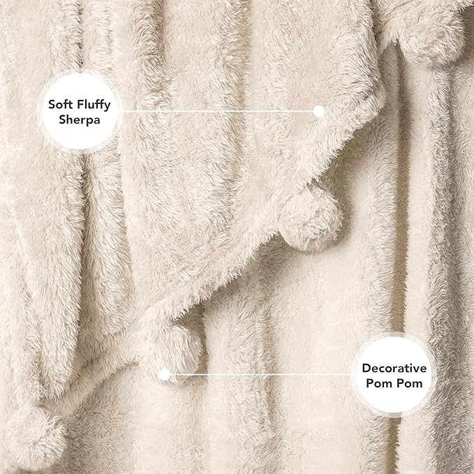 PAVILIA Cream Sherpa Throw Blanket for Couch, Warm Plush Pom Pom Blanket Throw Twin, Ivory Fuzzy Sofa Blanket Throw for Bed, Lightweight Soft Cozy Fluffy Blanket with Pom Poms, Beige, 60x80