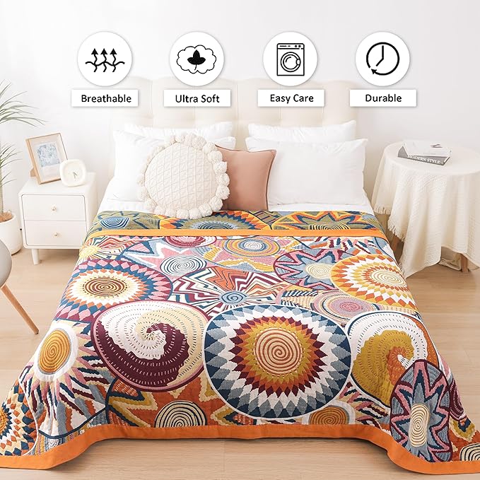 Boho Throw Blanket, 100% Organic Muslin Cotton Skin-friendly Breathable Ultra Soft Bed Quilt Throw - All Season Bohemian Decor Luxury Colorful Blanket for Sofa Couch Chair and Gift. 80" x 90"