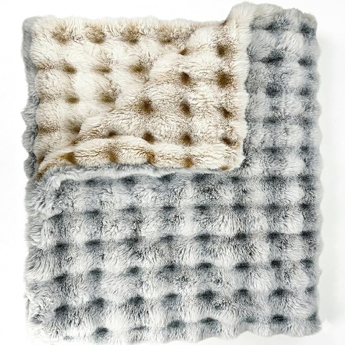 Luxury 1000GSM Double-Sided 3D Bubble Throw Blanket, 60x80 Inches, Reversible Two-Tone Faux Rabbit Fur, Frosted Black & Khaki White-Tipped, High-Density Ultra Soft Warm Blanket for Sofa