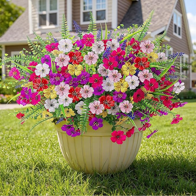 Alupssuc 48 Bundles Artificial Flowers for Outdoors Planters Spring Decoration, UV Resistant Faux Eucalyptus Violet and Lavender Silk Fake Plants for Outside Indoor Yard Home Patio Decor, Mix 6 Colors
