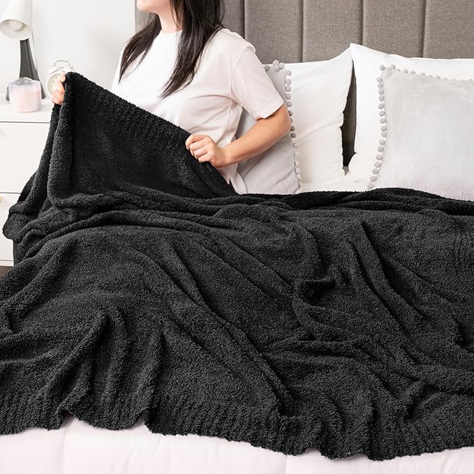 PAVILIA Super Soft Throw Blanket for Couch, Fluffy Cozy Lightweight Black Blanket, Fuzzy Warm Knit Blanket for Bed Sofa, 50x60