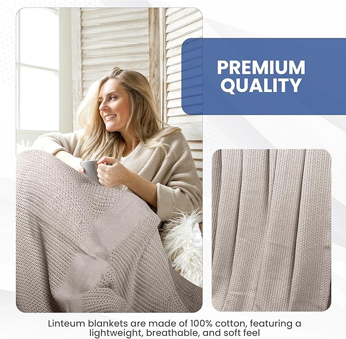 Linteum Textile Supply Leno Weave Taupe Blanket, Queen 100% Cotton, Lightweight, Warm, Fluffy, Premium and Durable Soft & Cozy Bed Blanket for Home, Couch, Sofa & Dorm, All Season Throw [90x90]