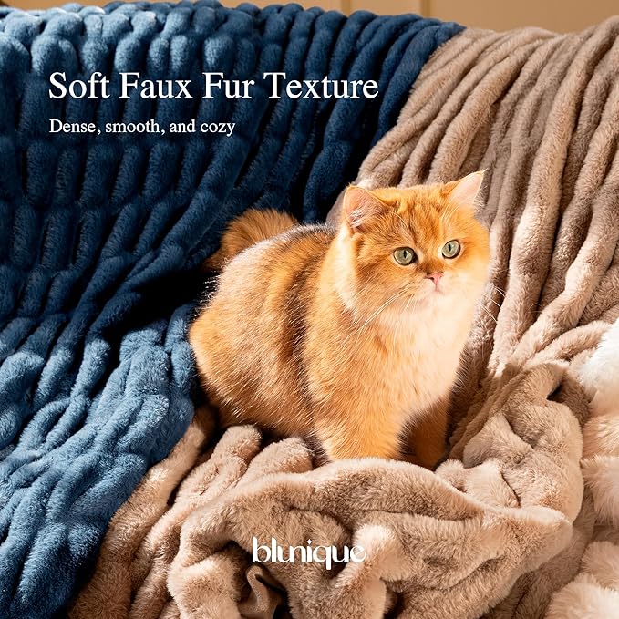 Faux Fur Blanket, Throw Blanket for Couch, Fluffy Blanket with Stretch Ruched Design, Ultra Soft Giftable Home Decor, 50x60 inches, Light Brown