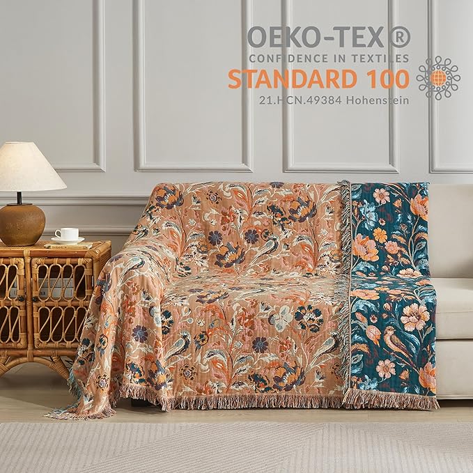 Boho Throw Blanket for Bed 90”x98”, 100% Cotton Woven Blanket for Couch Sofa, Ultra Soft 4-Layer Muslin Quilt with Floral Printed, Farmhouse Bed Blanket/Cover for Living Room Decor
