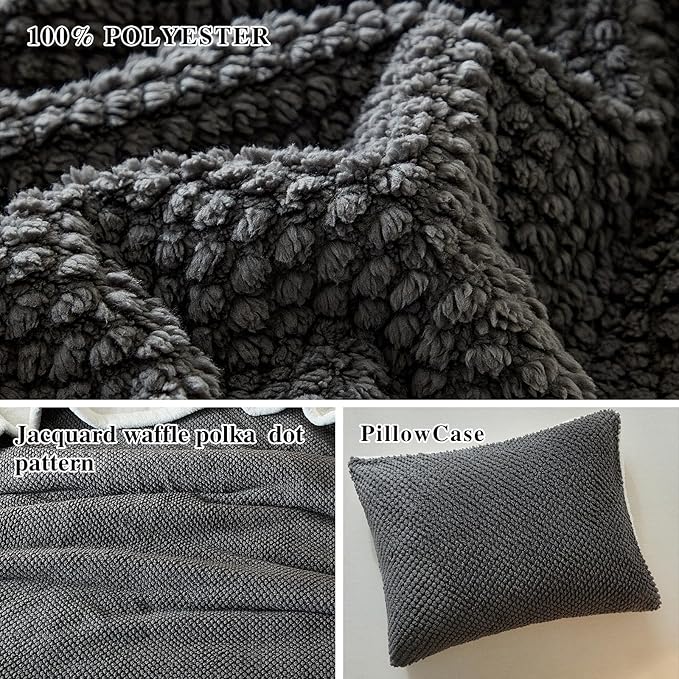 Luxury Flannel Fleece Sherpa Blankets Queen Size for Bed, Jacquard Boho 3-Layer Thick and Warm Blanket for Winter, Soft Cozy Fuzzy Plush Velvet Blanket with 2 Pillow Cases, Grey, 88x88 Inches