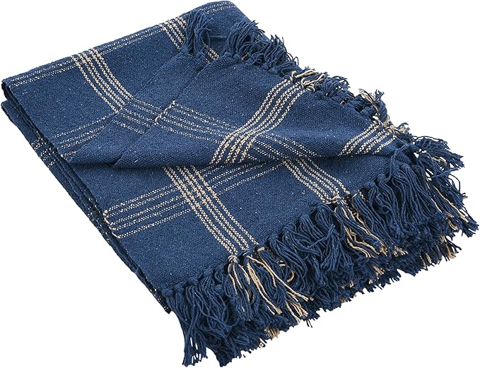 Creative Co-Op Recycled Cotton Blend Throw Blanket with Fringe, Blue Plaid