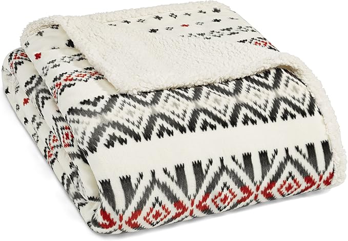 Eddie Bauer - Twin Size Blanket, Ultra-Soft Plush Bed Blanket with Faux Shearling Reverse, Oversized Bedding for Couch or Bed (Mountain Village Red)