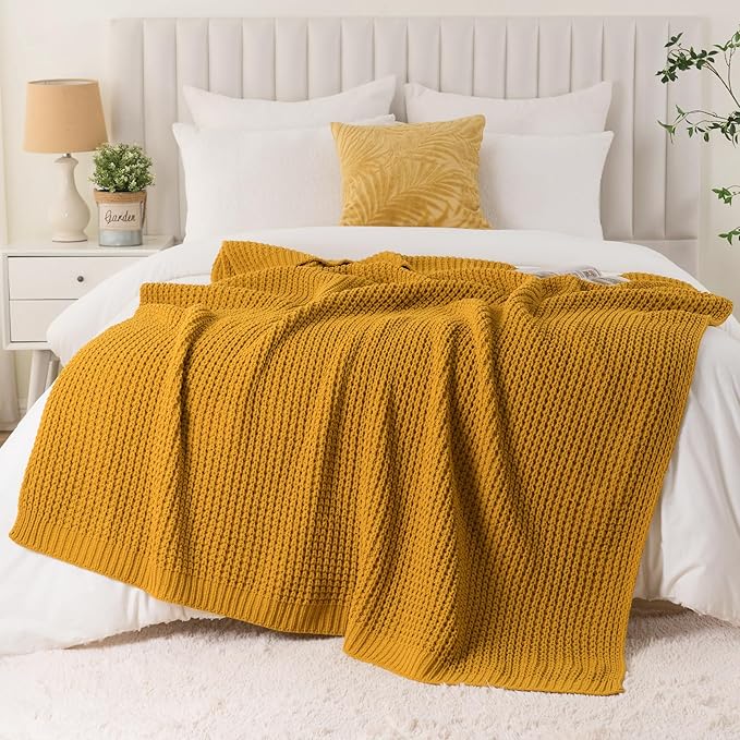 Bunnikins & Clover Knitted Waffle Throw Blanket 60x80 Inches, Mustard Yellow Throw Blanket for Couch, Soft Cozy Chenille Knit Blanket Warm Decorative Throw for Sofa