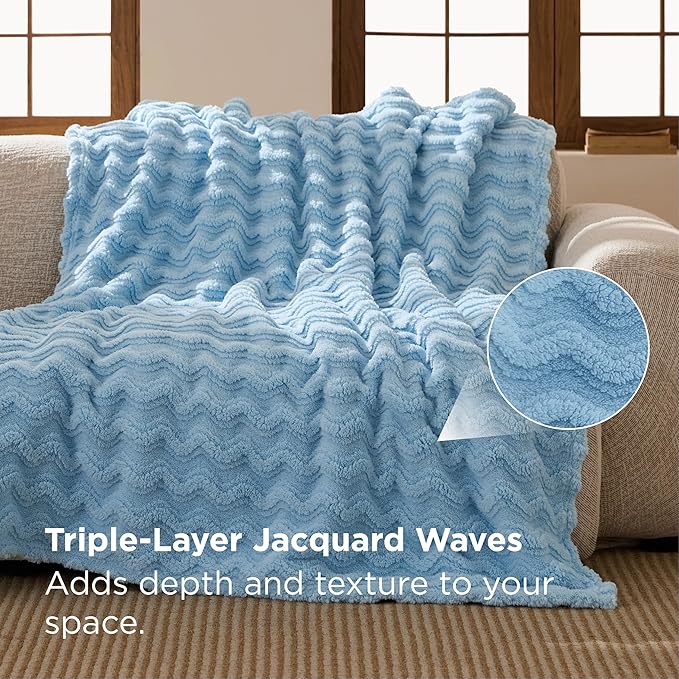 Bedsure 3D Wave Fleece Throw Blanket for Couch - GentleSoft Spring Fluffy Blanket for Sofa Bed Room Decor, Super Cozy Fleece Throw for Women, Warm Cute All Season Gift, 50x60 Inches, Light Blue
