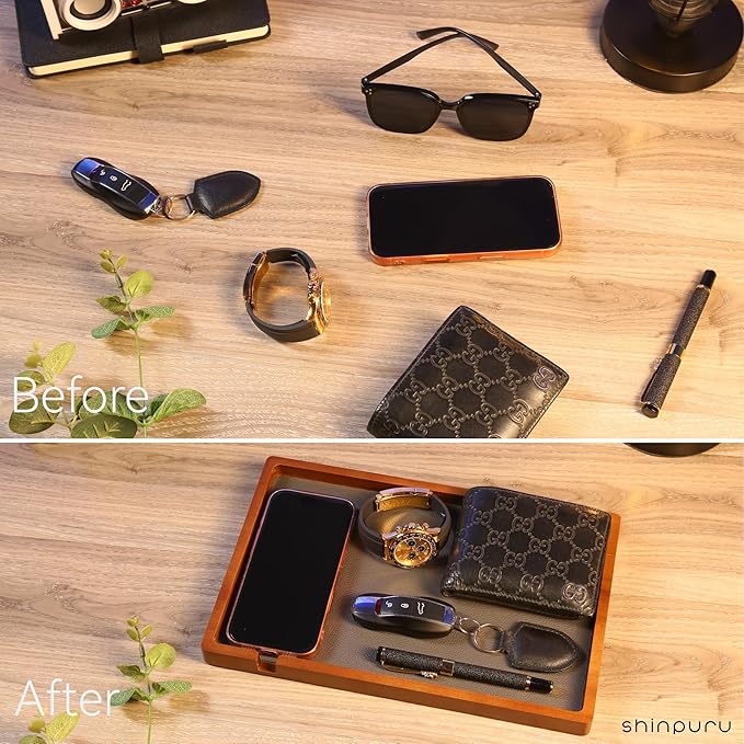 Shinpuru Wooden Valet Tray with Leather Inlay - Nightstand & Desk Organizer - EDC Essentials Catchall Tray for Keys, Phone, Wallet, Watch, Earbuds - Stylish Storage (Wood-Full)