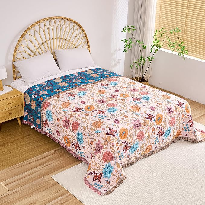 Boho Throw Blanket, 100% Organic Cotton Breathable Ultra Soft 91" x 98" Bed Quilt Throw - All Season Floral Rustic Farmhouse Decor Luxury Reversible Blanket for Sofa Couch Chair and Gift