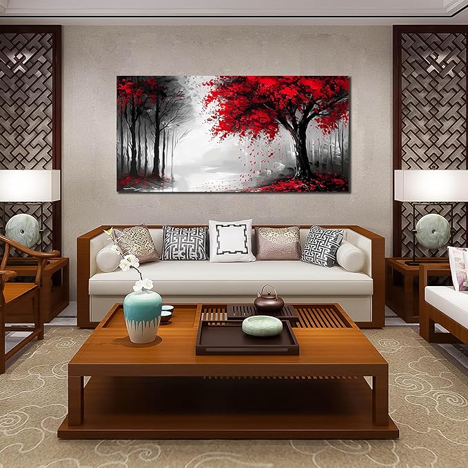 Large Canvas Wall Art for Living Room Black White and Red Forest Print Pictures Painting Framed Wall Decor for Bedroom Modern Home Plant Scenery Wall Decorations Artwork Size 30x60 Ready to Hang