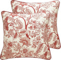 ISAENNE Design Linen Square Throw Pillow Covers 18"x18" Pack of 2, French Country Cushion Covers with Red Toile de Jouy Floral Pattern Decoration Pillowcases for Bed, Living Room, Outdoor, Car