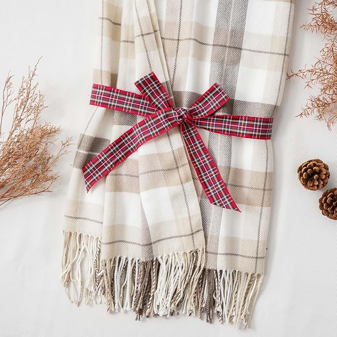 BATTILO HOME Fall Plaid Throw Blanket for Couch, Farmhouse Checkered Decor Throw, Lightweight Beige Throw Blankets for Bed Sofa Neutral Fall Decor, 49"x63"