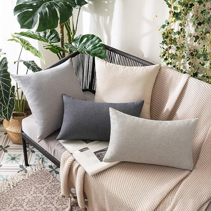 MIULEE Pack of 2 Decorative Outdoor Solid Waterproof Throw Pillow Covers Faux Linen Garden Farmhouse Cushion Cases for Patio Tent Balcony Couch Sofa 20x12 Inch Beige