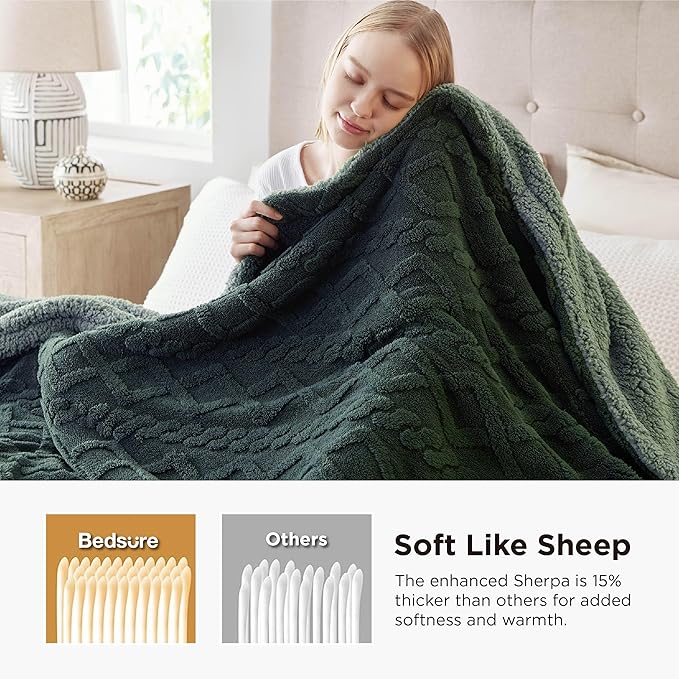 Bedsure Gentlesoft Sherpa Fleece Throw Blanket for Couch - Fluffy & Cozy Cable Jacquard Tufted Throw for Women Gift, Thick and Warm Christmas Blanket for Winter, Dark Green, 50x60 Inches
