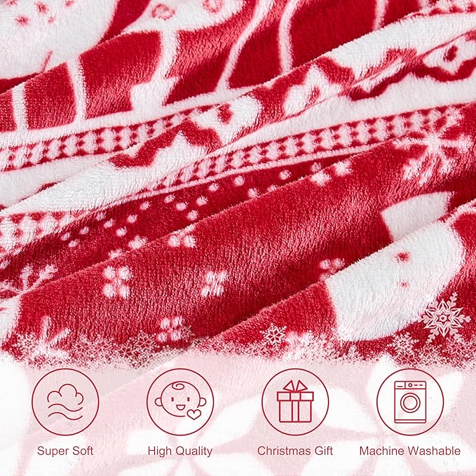 Christmas Blanket Soft Cozy Fleece Throws with Snowman Snowflake Reindeer and Xmas Trees Print, Fuzzy Warm Christmas Throw Blanket for Couch Bed Holiday Decorations Gifts 60"x80" (Red)