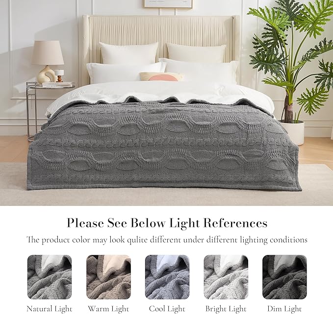 Amélie Home Cable Knit Throw Blanket for Couch, Chenille Sherpa Soft Cozy Throw Blankets for Sofa Chair Comfortable Home, 50"x60", Gray