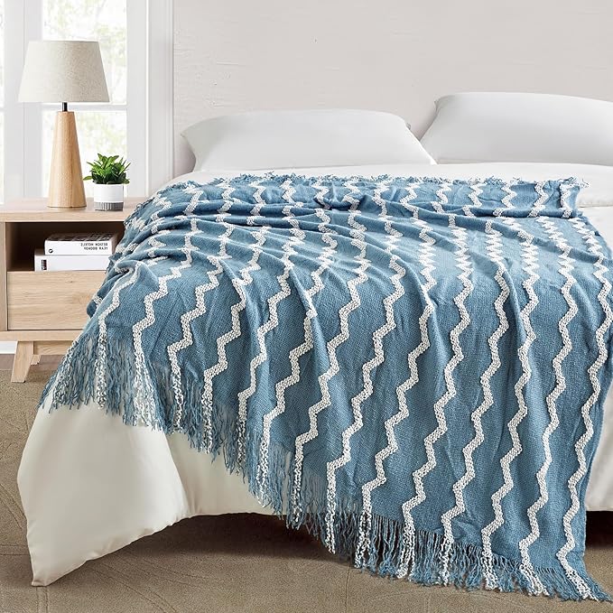 BOURINA Fluffy Chenille Knitted Fringe Throw Blanket Lightweight Soft Cozy for Bed Sofa Chair Throw Blankets, Blue 50" x 60"
