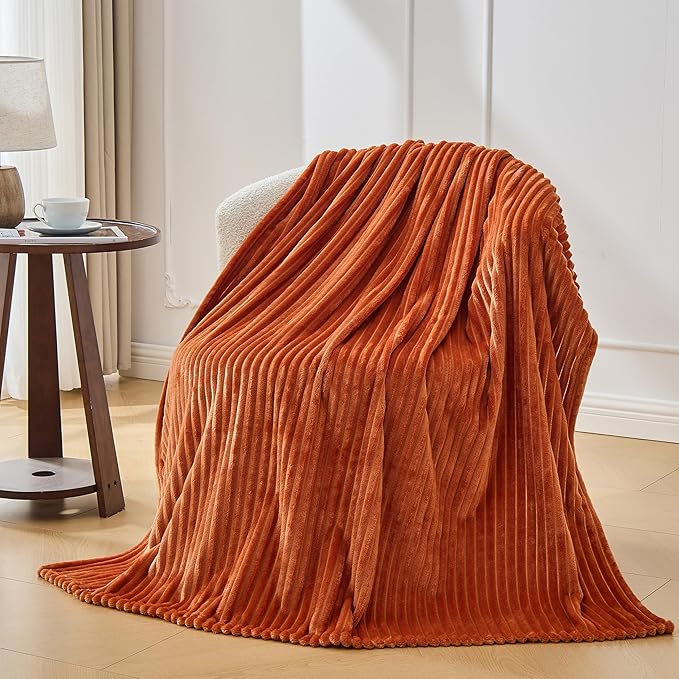 Bnuitland Burnt Orange Fleece Throw Blanket for Couch, 300GSM Soft Warm Cozy Fluffy Throw for Adults & Kids, Stripe Pattern 50"x60", All Season Sofa Bed Blanket for Home Decor