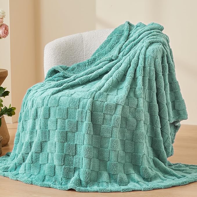 NEWCOSPLAY Super Soft Queen Blanket Mint Green Premium Silky Flannel Fleece 3D Checkered Lightweight Bed Blanket All Season Use (Mint Green Checkered, Queen(90"x90"))