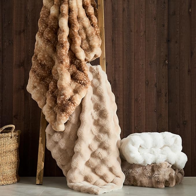 WDCOZY Luxury Bubble Throw Blanket, Faux Fur Mink Plush Throw for Couch, Sofa and Bed, Soft Fluffy Fuzzy Furry Cozy Blanket, Thick and Warm, 60x80 inches, Beige Tan Taupe Camel, 950 GSM
